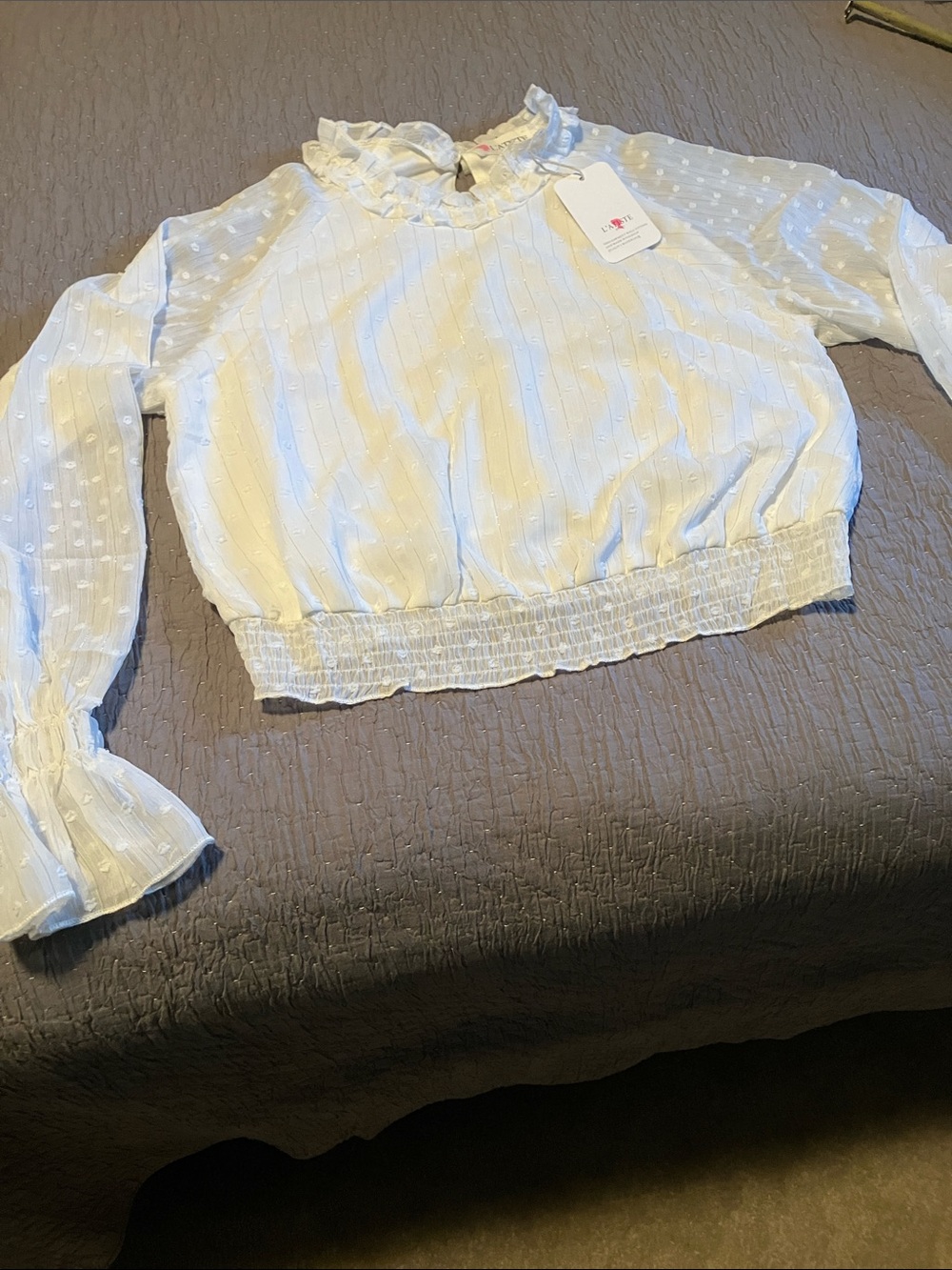 L’ATISTE. Size M. Ivory Swiss Dot Smocked Waist Long Sleeve Blouse. Lined. NWT